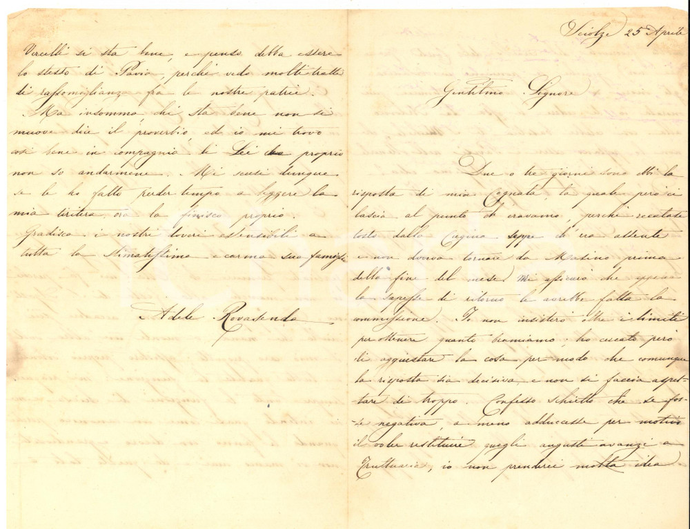 1850 ca SCIOLZE Lettera contessa Adele DI ROVASENDA ARBORIO MELLA - AUTOGRAFO