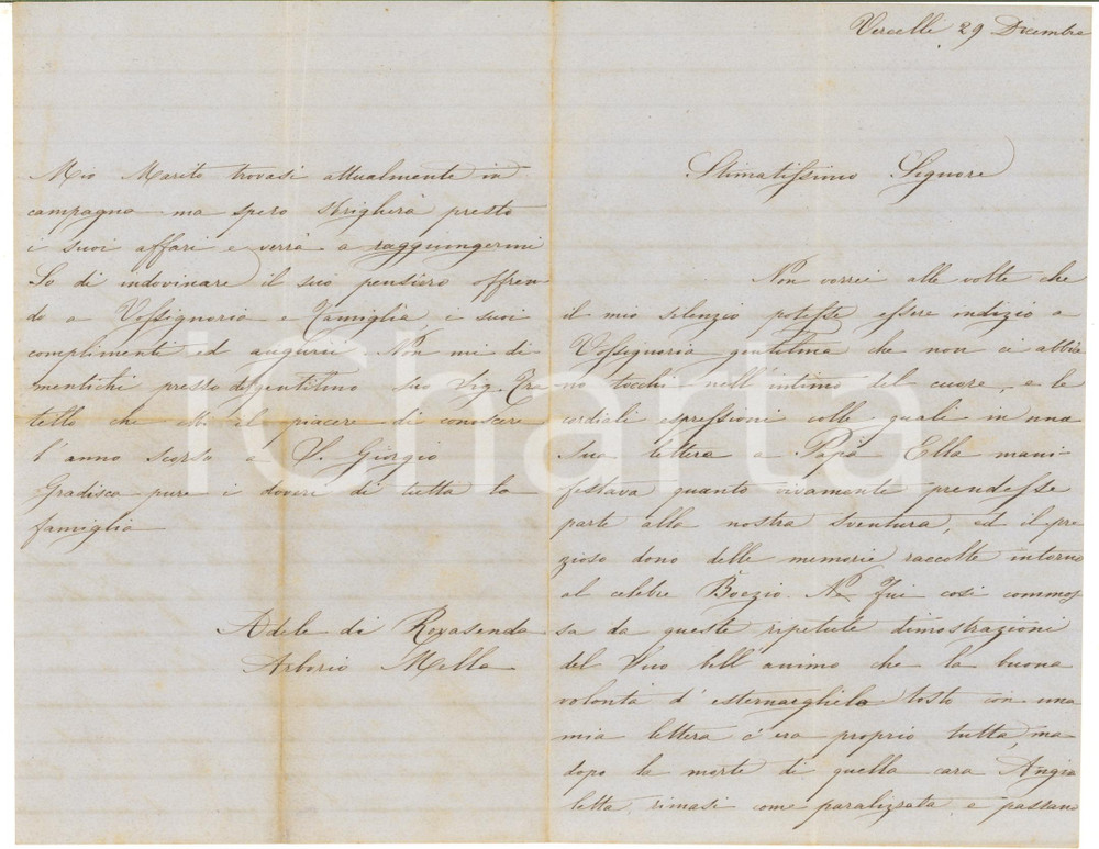 1850 ca VERCELLI Lettera Adele DI ROVASENDA in morte della figlia - AUTOGRAFO  Lettera interamente autografa della contessa Adele di Rovasenda (nata Arborio Mella), che ringrazia per la condoglianze ricevute in morte della figlia bambina e racconta del suo dolore di madre:"... rimasi come paralizzata, e passano talora le intere settimane senza che io mi senta capace d'una qualche occupazione di spirito...Nulla le mancava di quante doti apprezza il mondo...sono certa Ella sapr&agrave; compatire al cuore d'una madre...". CONDIZIONI: G (piegature d'epoca)PAGINE: 4      originale e autentica 1