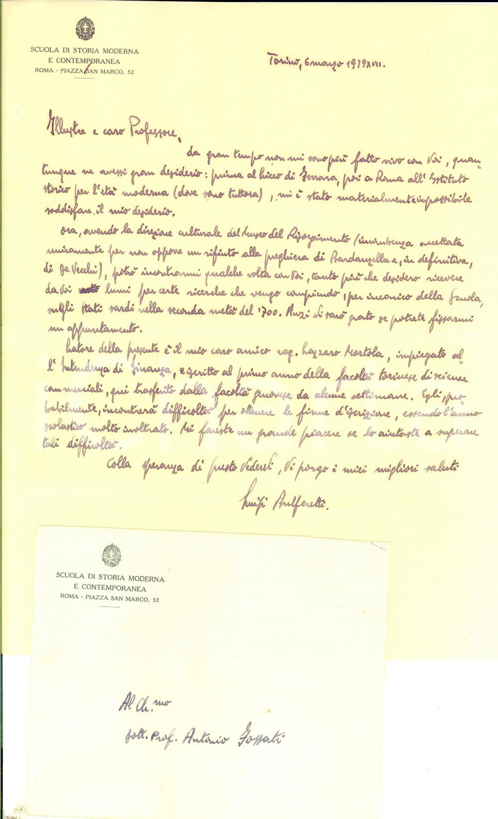 1939 TORINO Lettera Luigi BULFERETTI al collega Antonio FOSSATI - Autografo