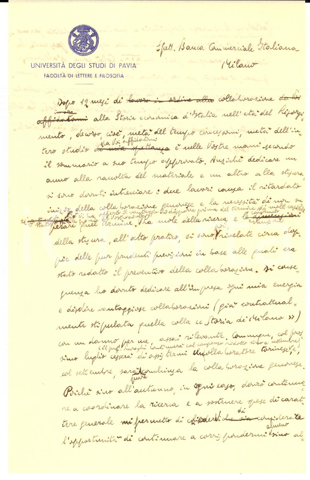 1940 ca PAVIA Luigi BULFERETTI alla Banca Commerciale di Milano *Bozza AUTOGRAFA
