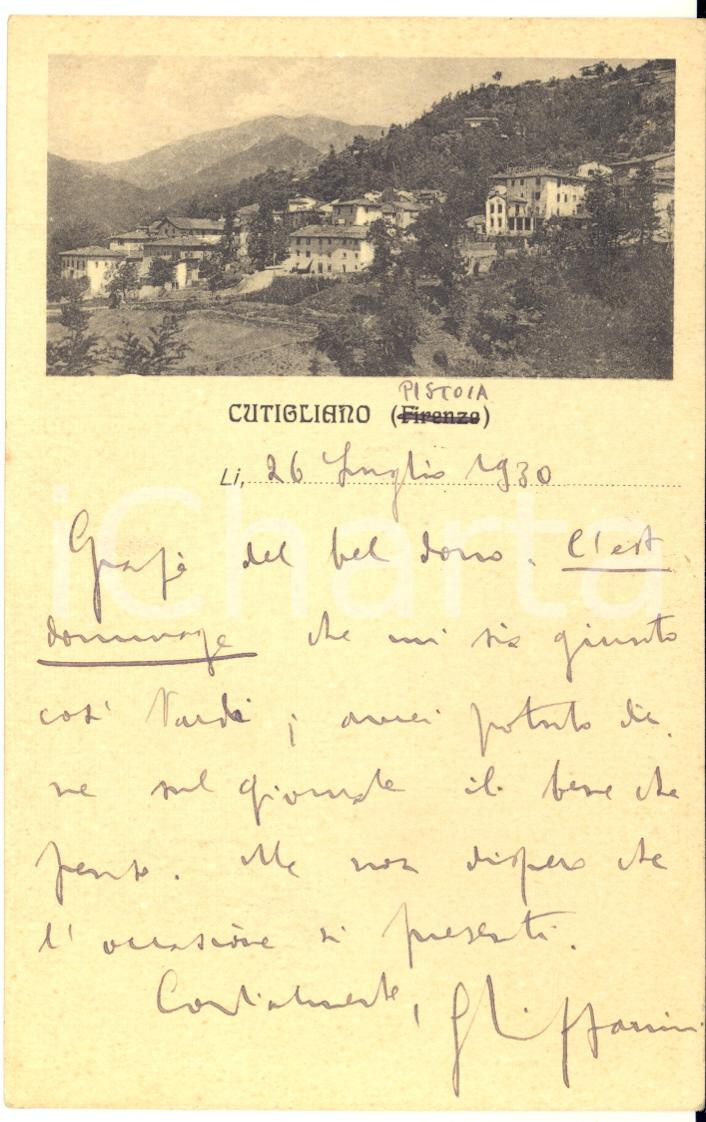 1930 CUTIGLIANO Cartolina Giuseppe LIPPARINI per ringraziamento - AUTOGRAFO