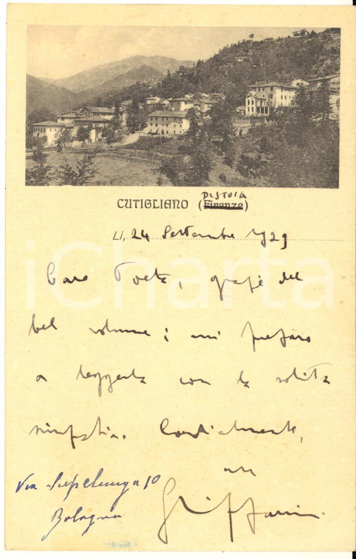 1929 CUTIGLIANO Cartolina Giuseppe LIPPARINI per ringraziamento - AUTOGRAFO