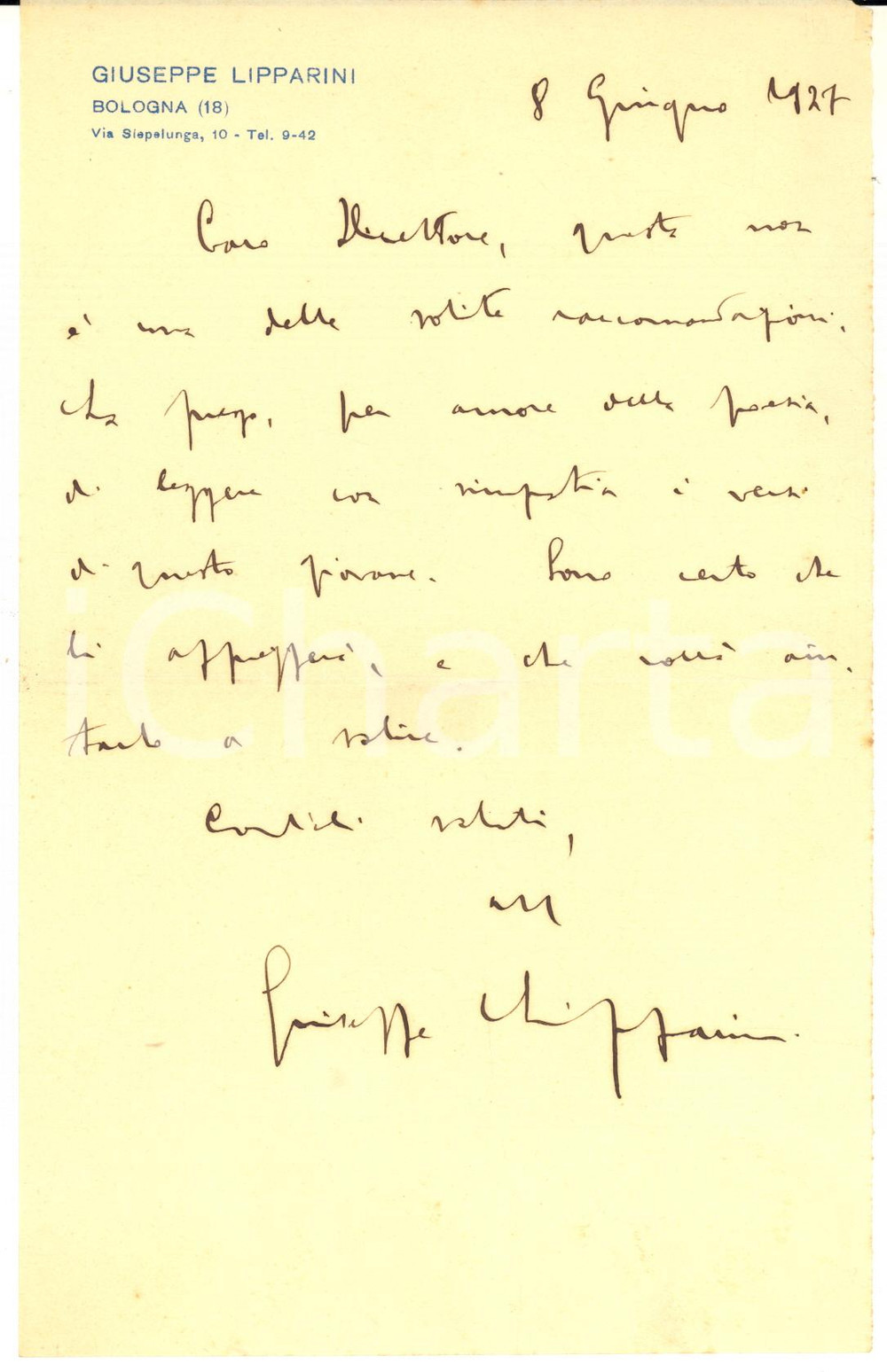 1927 BOLOGNA Giuseppe LIPPARINI raccomanda giovane "per amore della poesia"