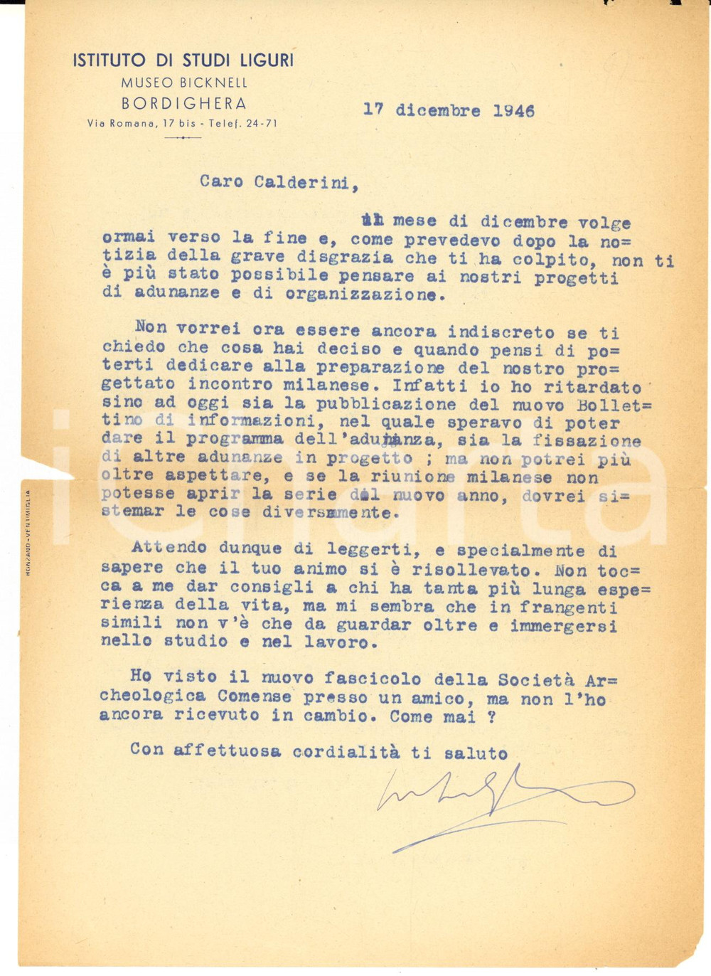 1946 BORDIGHERA Lettera Nino LAMBOGLIA - Istituto Studi Liguri - AUTOGRAFO