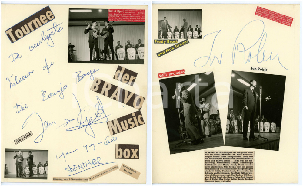 Autografo originale 1960 GERMANY Tournée BRAVO  Ivo ROBIC e JAN & KJELD SIGNED photo collage 20x24 1