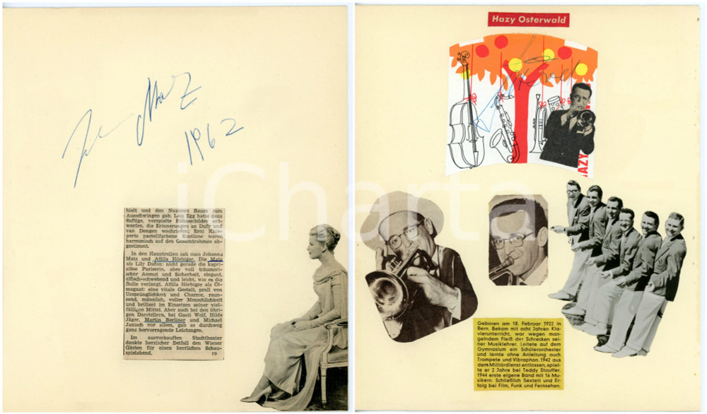 1962 CINEMA Attrice Johanna MATZ *Collage VINTAGE con AUTOGRAFO 20x24 cm