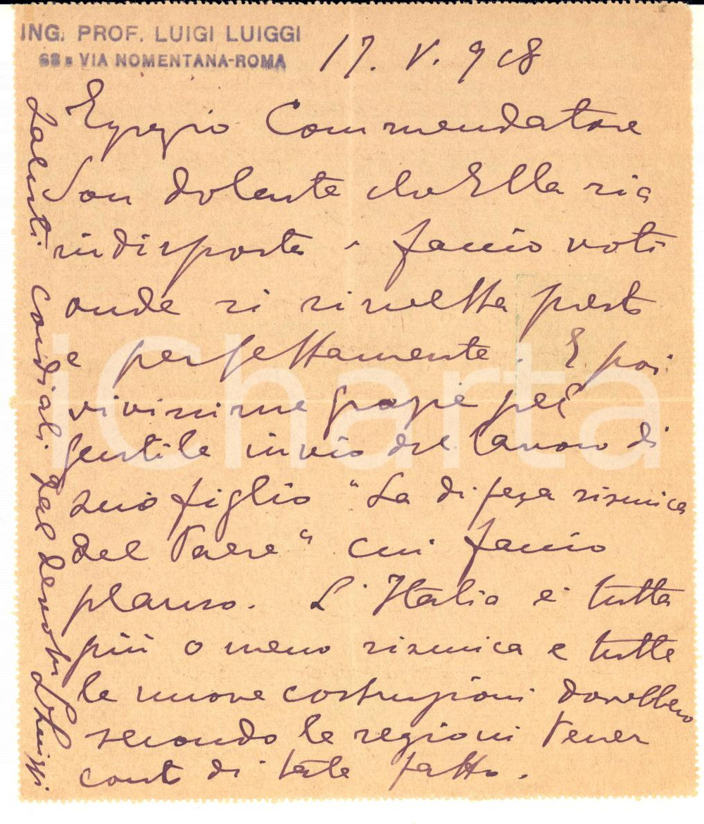 1918 ROMA Luigi LUIGGI "L'Italia è tutta più o meno sismica" - AUTOGRAFO