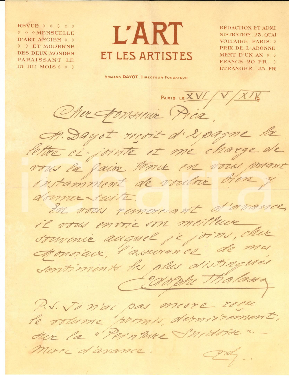 1914 PARIS Adolphe THALASSO invia lettera per conto di Armand DAYOT - AUTOGRAFO