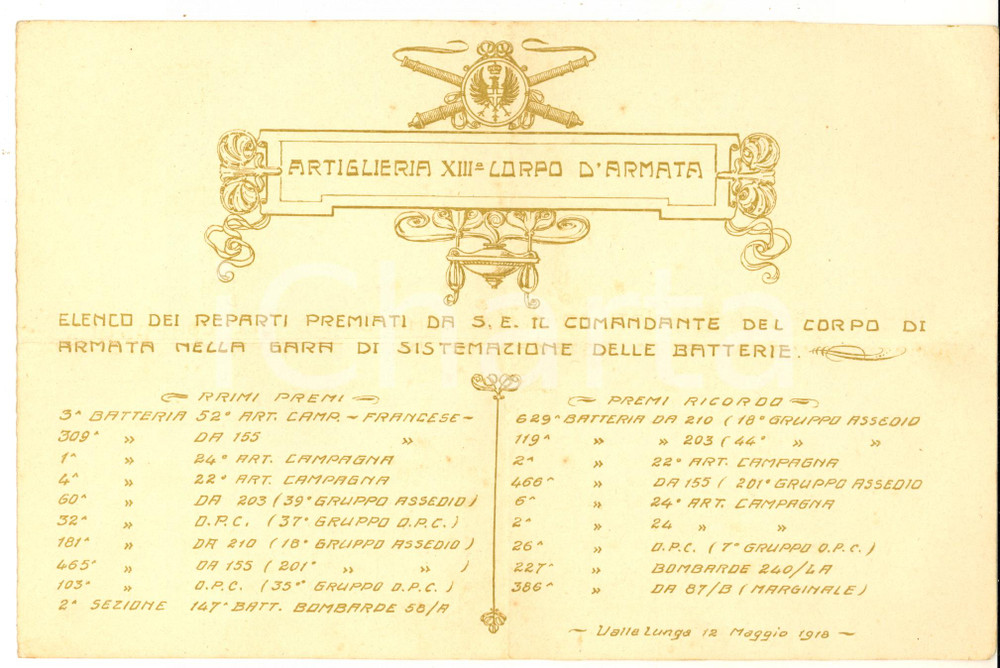 1918 VALLELUNGA Artiglieria XIII Corpo d'Armata - Elenco reparti premiati