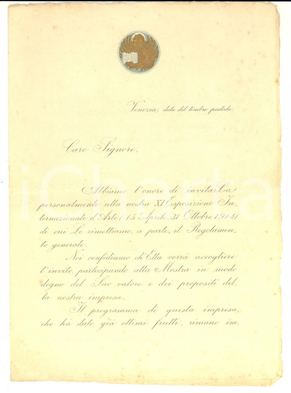 1914 VENEZIA Lettera d'invito alla XI Esposizione Internazionale d'Arte
