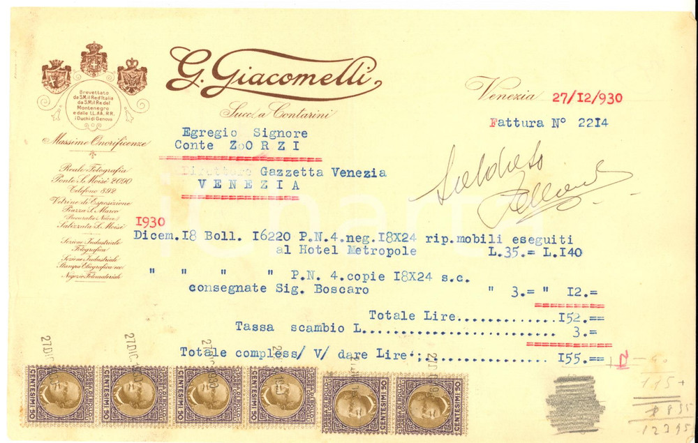 1930 VENEZIA Ditta G. GIACOMELLI Reale Fotografia - Fattura intestata con bolli