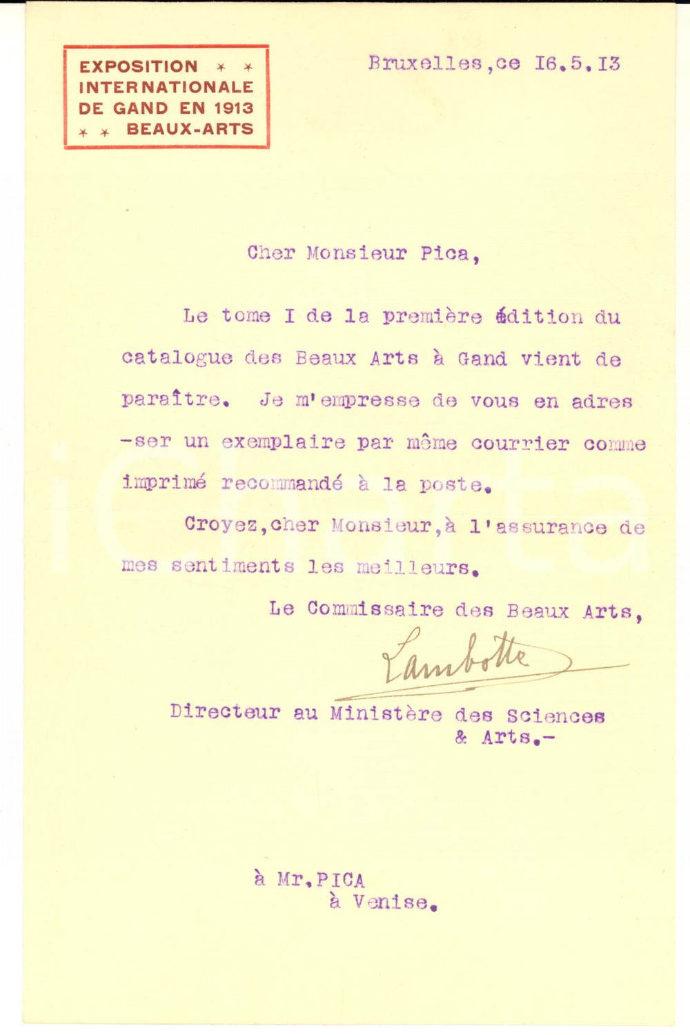 1913 BRUXELLES Lettre Paul LAMBOTTE commissaire des Beaux-Arts - AUTOGRAPHE