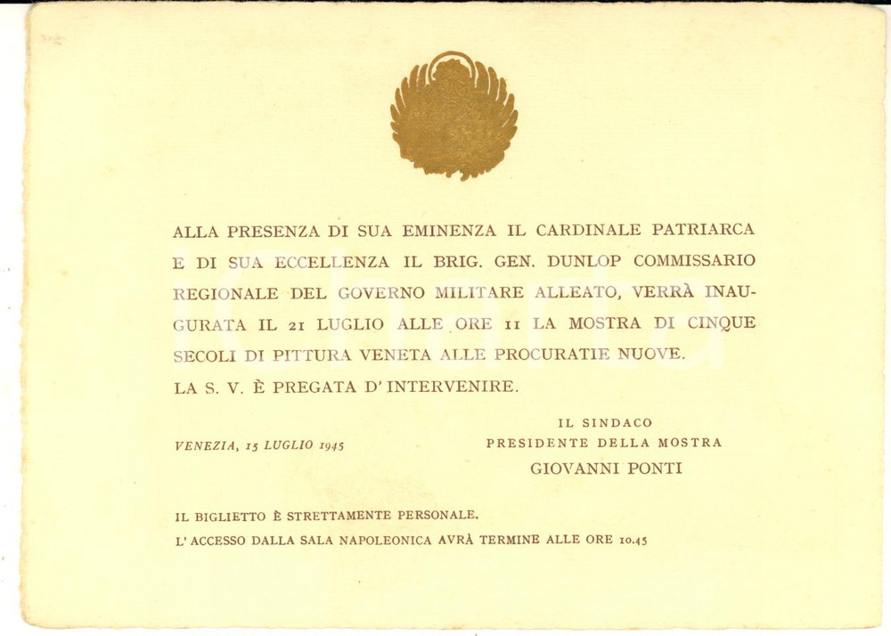 1945 VENEZIA Procuratie Nuove - Mostra pittura veneta - Invito inaugurazione