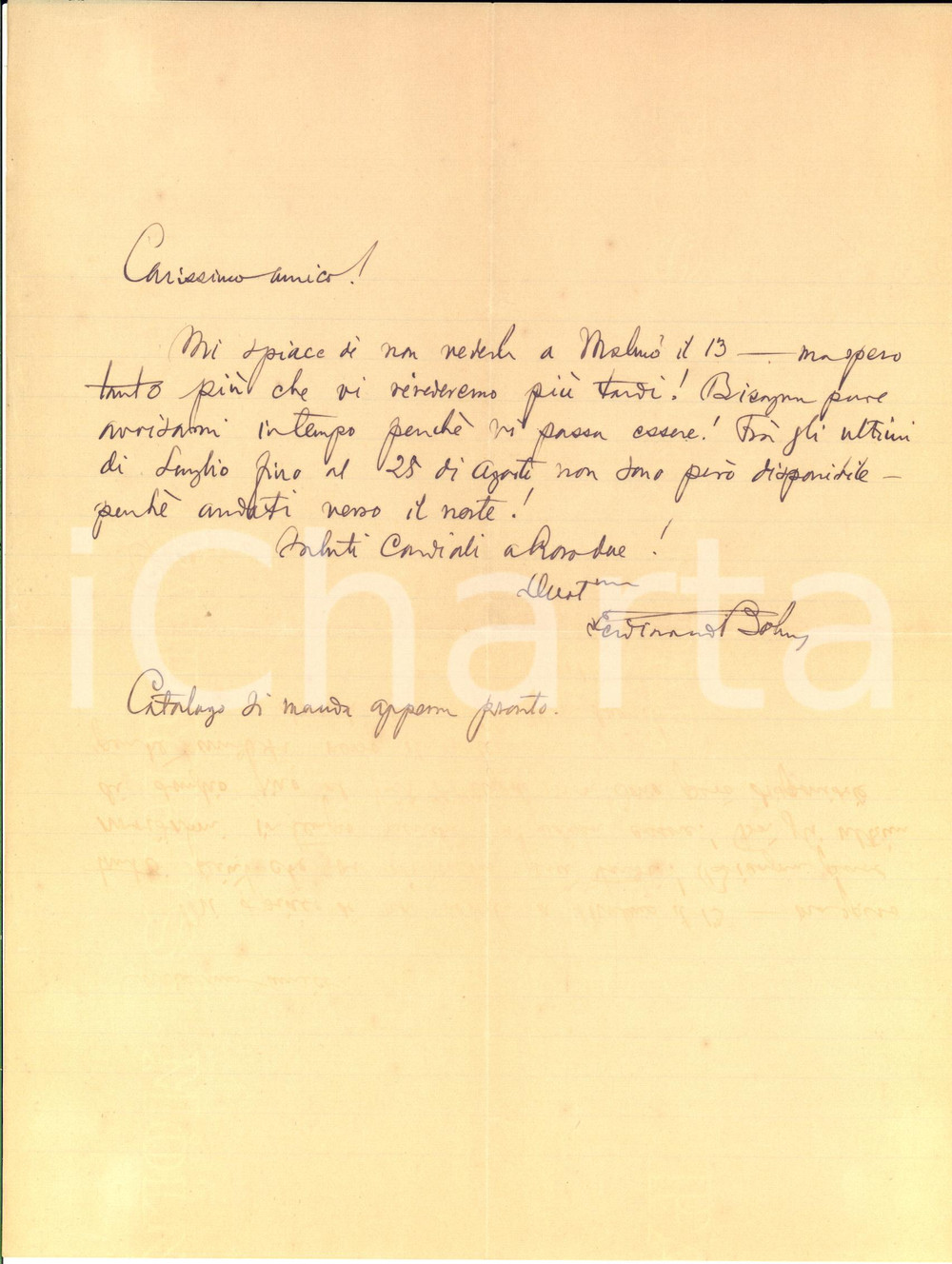 1930 ca Lettera Ferdinand BOHM ad Alvise ZORZI per mancato incontro - Autografo