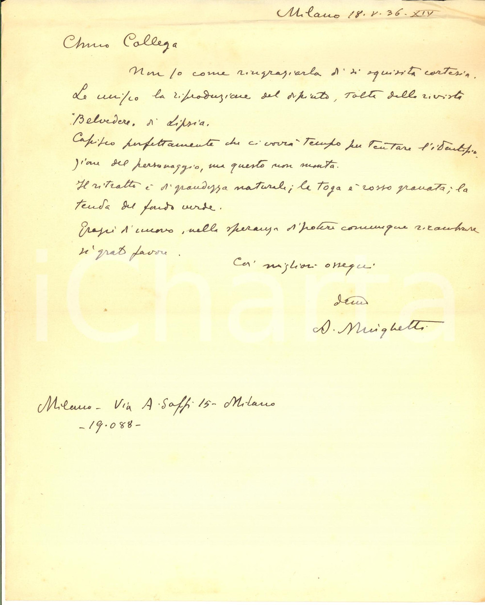 1936 MILANO Lettera Aurelio MINGHETTI per identificazione quadro - AUTOGRAFO