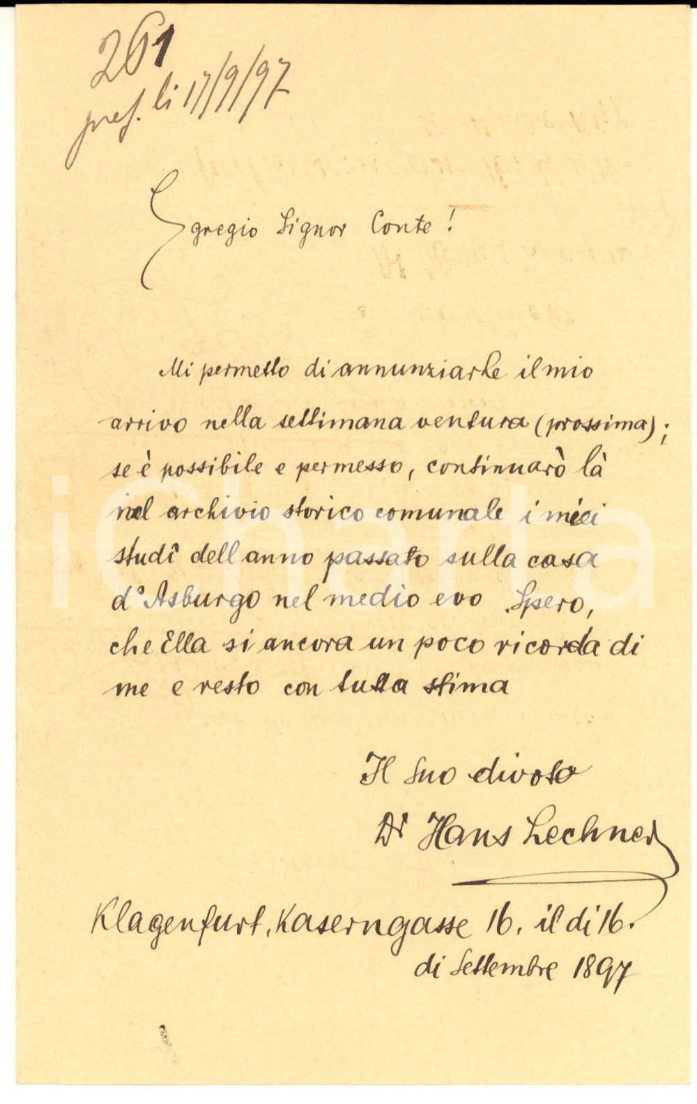 1897 KLAGENFURT Lettera Hans LECHNER per arrivo in Italia - Autografo