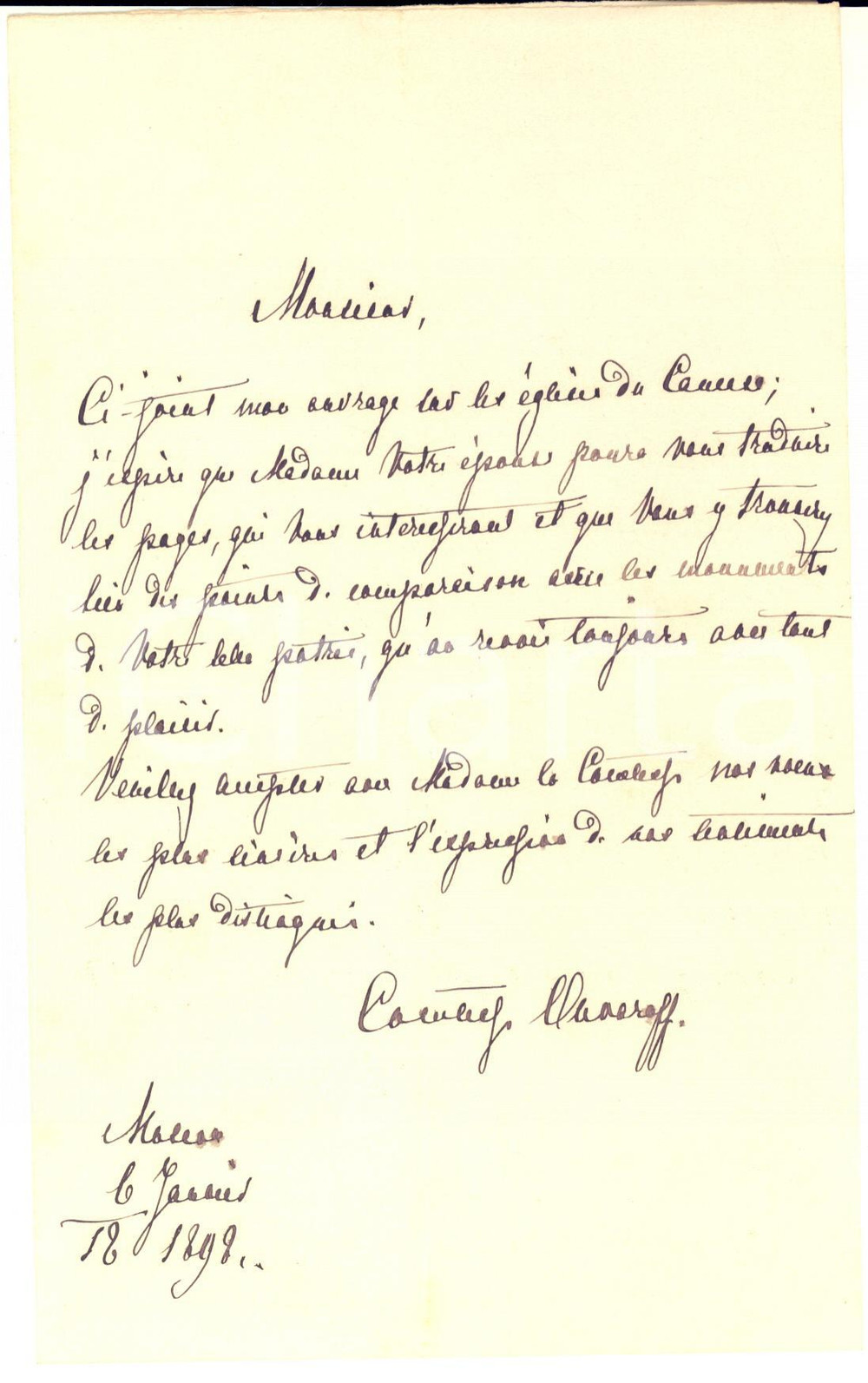 1898 MOSCA Lettera Praskovya UVAROVA per invio di un'opera - AUTOGRAFO