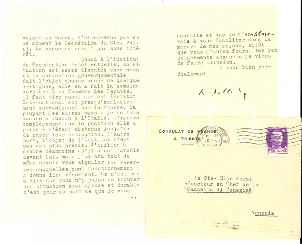 1929 TRIESTE Lettera René DOLLOT console di Francia a Elio ZORZI - AUTOGRAFO