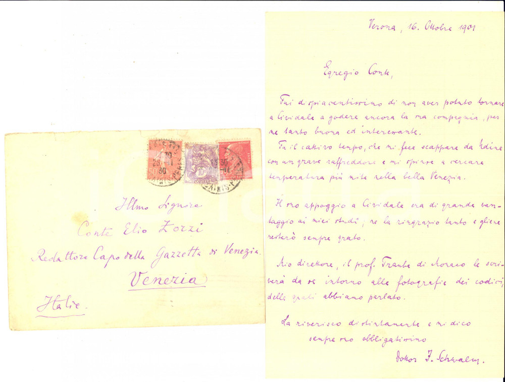 1901 VERONA Lettera F. SCHWAENZ allievo Ludwig TRAUBE - AUTOGRAFO