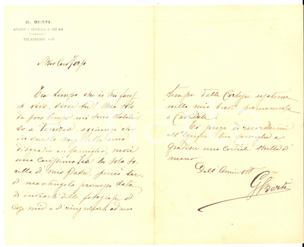1910 ca VENEZIA Lettera G. BERTI al conte Elio ZORZI dopo il trasferimento