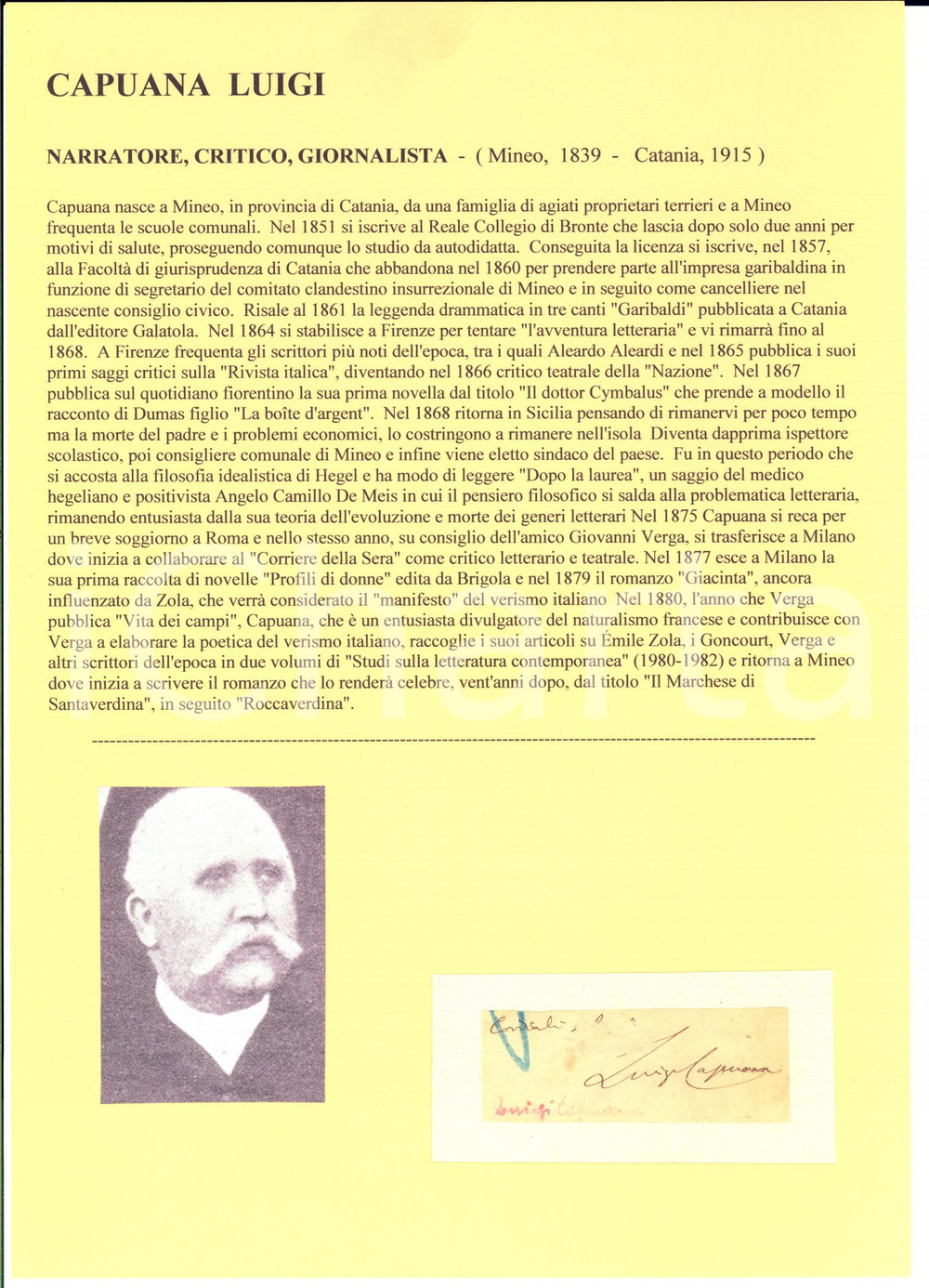 1900 ca Luigi CAPUANA - Scrittore - AUTOGRAFO su carta (frammento)