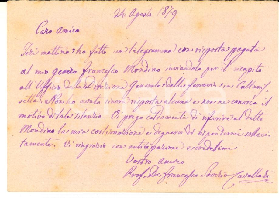 1879 SIRACUSA Francesco Saverio CAVALLARI - Cartolina postale AUTOGRAFA
