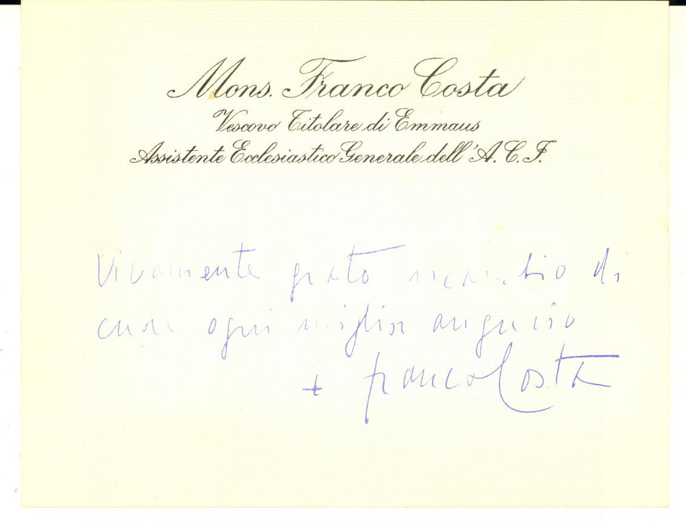 1965 ca GENOVA Biglietto mons. Franco COSTA per auguri  - AUTOGRAFO