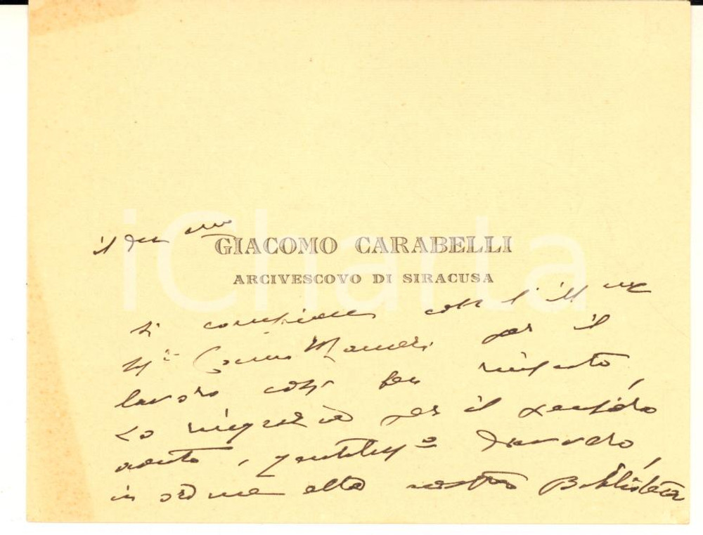 1930 ca SIRACUSA Arcivescovo Giacomo CARABELLI - Biglietto AUTOGRAFO