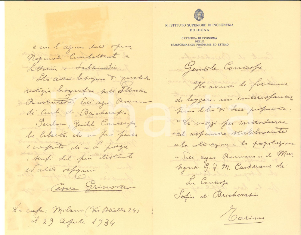 1940 ca BOLOGNA Lettera Cesare GRINOVERO pro opera mons. CACHERANO Autografo