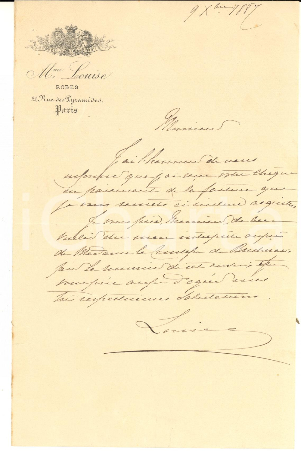 1887 PARIS MME LOUISE - Robes - Lettre Mme Louise pour chèque reçu