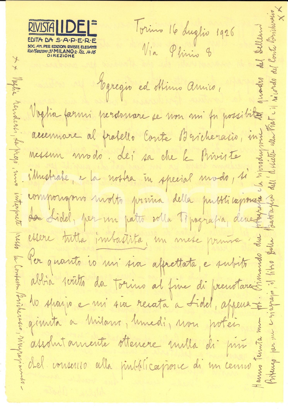 1926 TORINO Rivista LIDEL - Lettera Clelia ABATE per pubblicazione - Autografo