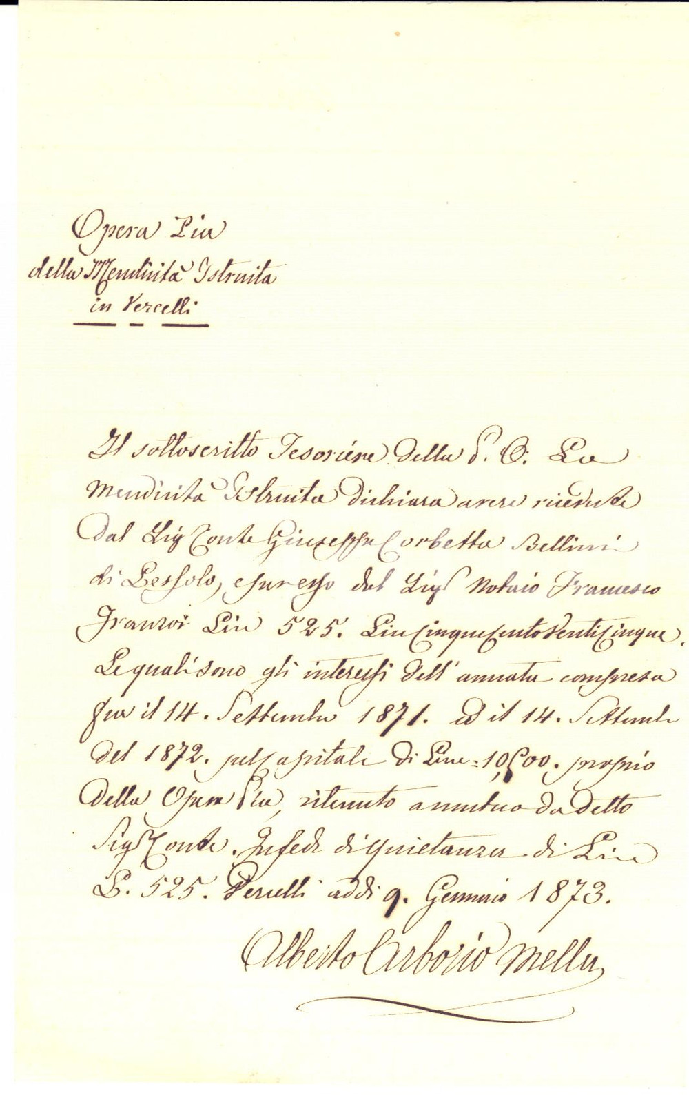 1873 VERCELLI Opera Pia Mendicità - Quietanza Alberto ARBORIO MELLA - Autografo
