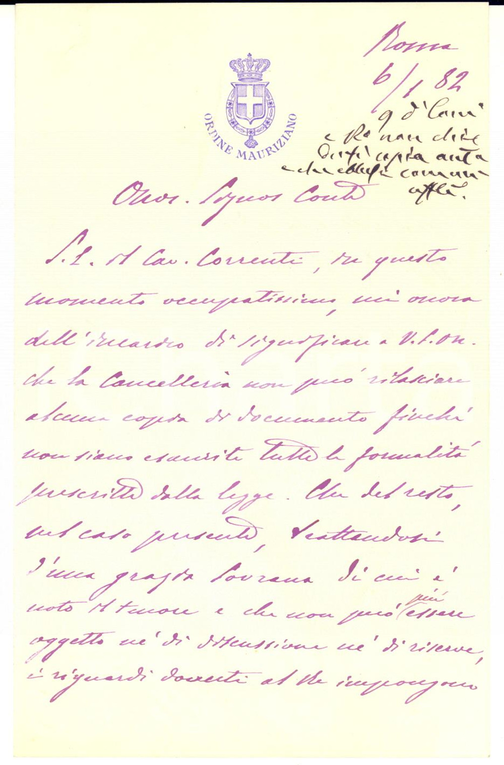 1882 ROMA ORDINE MAURIZIANO Lettera ARGHINENTI per rilascio documenti a un conte