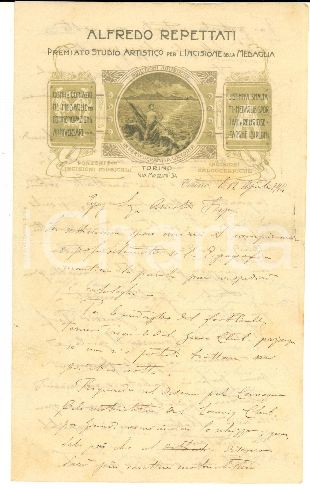 1914 TORINO Lettera Alfredo REPETTATI per promozione dei bozzetti sportivi