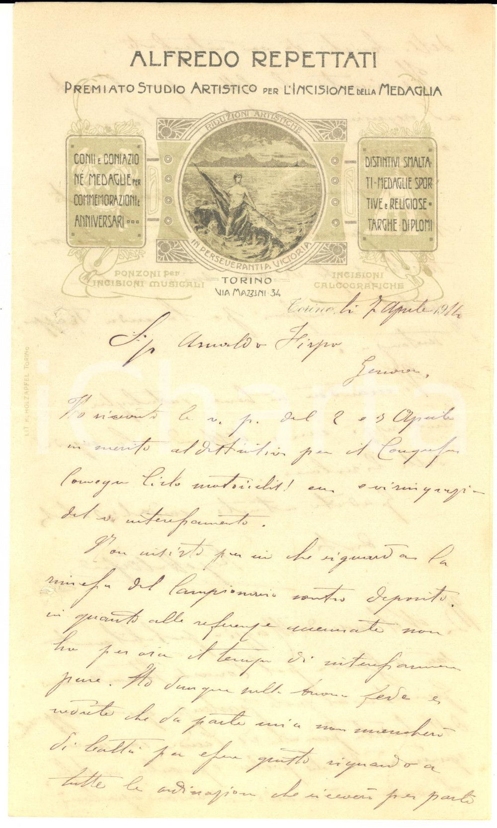 1914 TORINO Lettera Alfredo REPETTATI ad Arnaldo FIRPO per invio del campionario