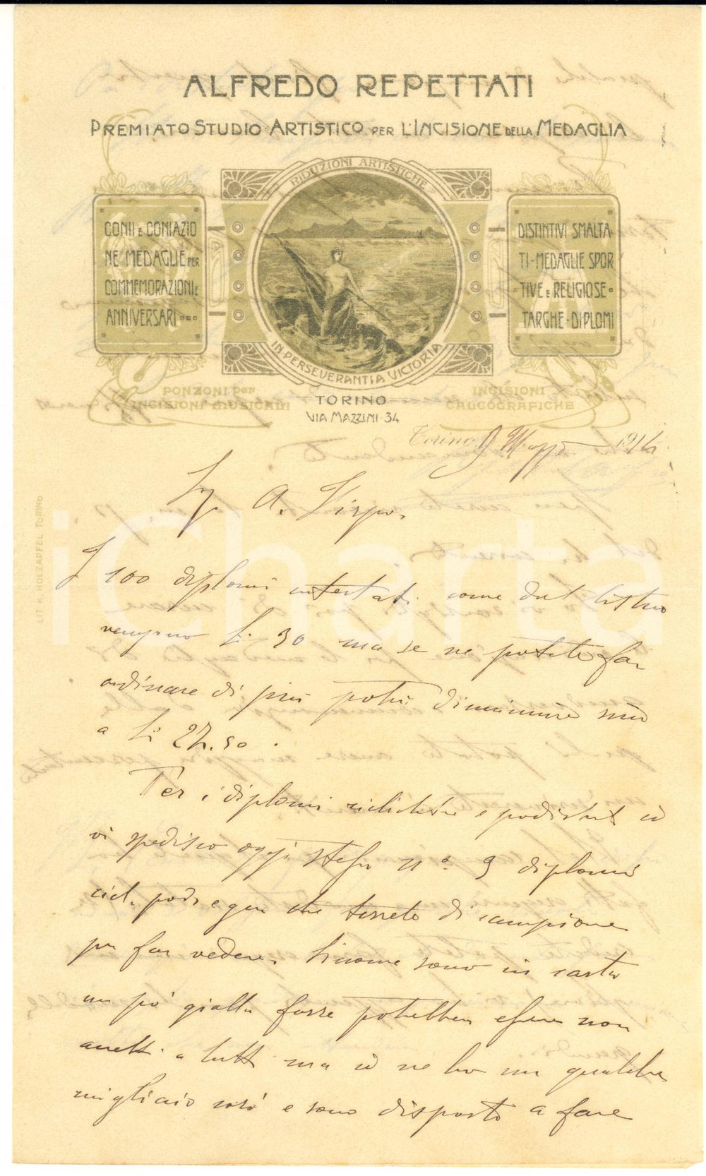 1914 TORINO Lettera Alfredo REPETTATI per un ordine di diplomi intestati
