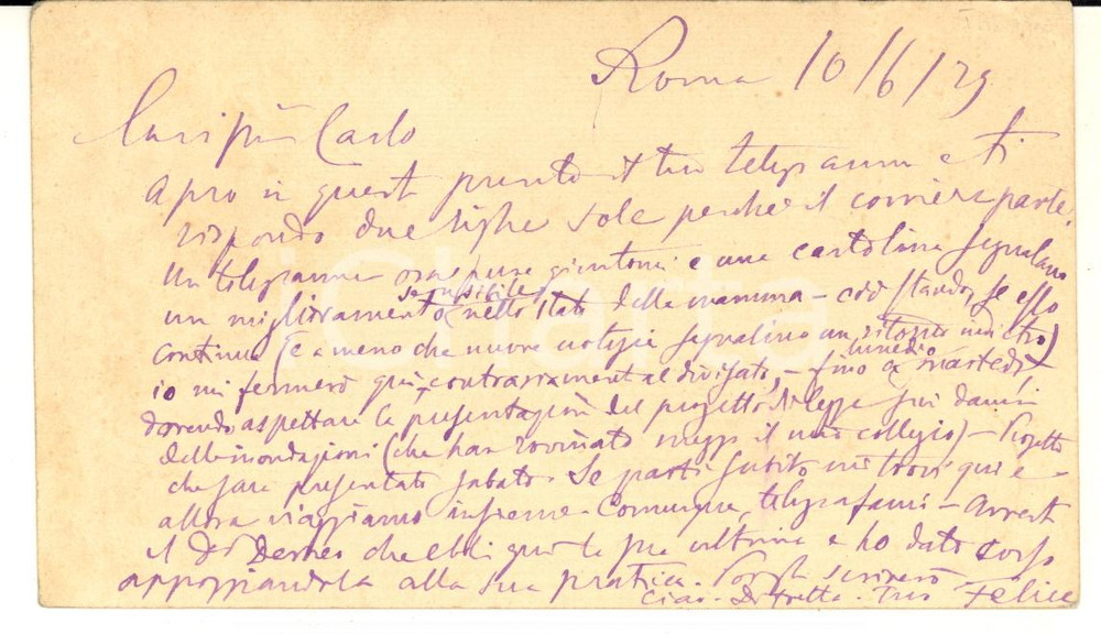 1879 ROMA Cartolina Felice CAVALLOTTI sulla salute della madre - AUTOGRAFO Cartolina postale autografa del celebre politico, inviata a Carlo Cavallotti a Picerno. CONDIZIONI: FAIR (piegatura marginale)    originale e autentica 1