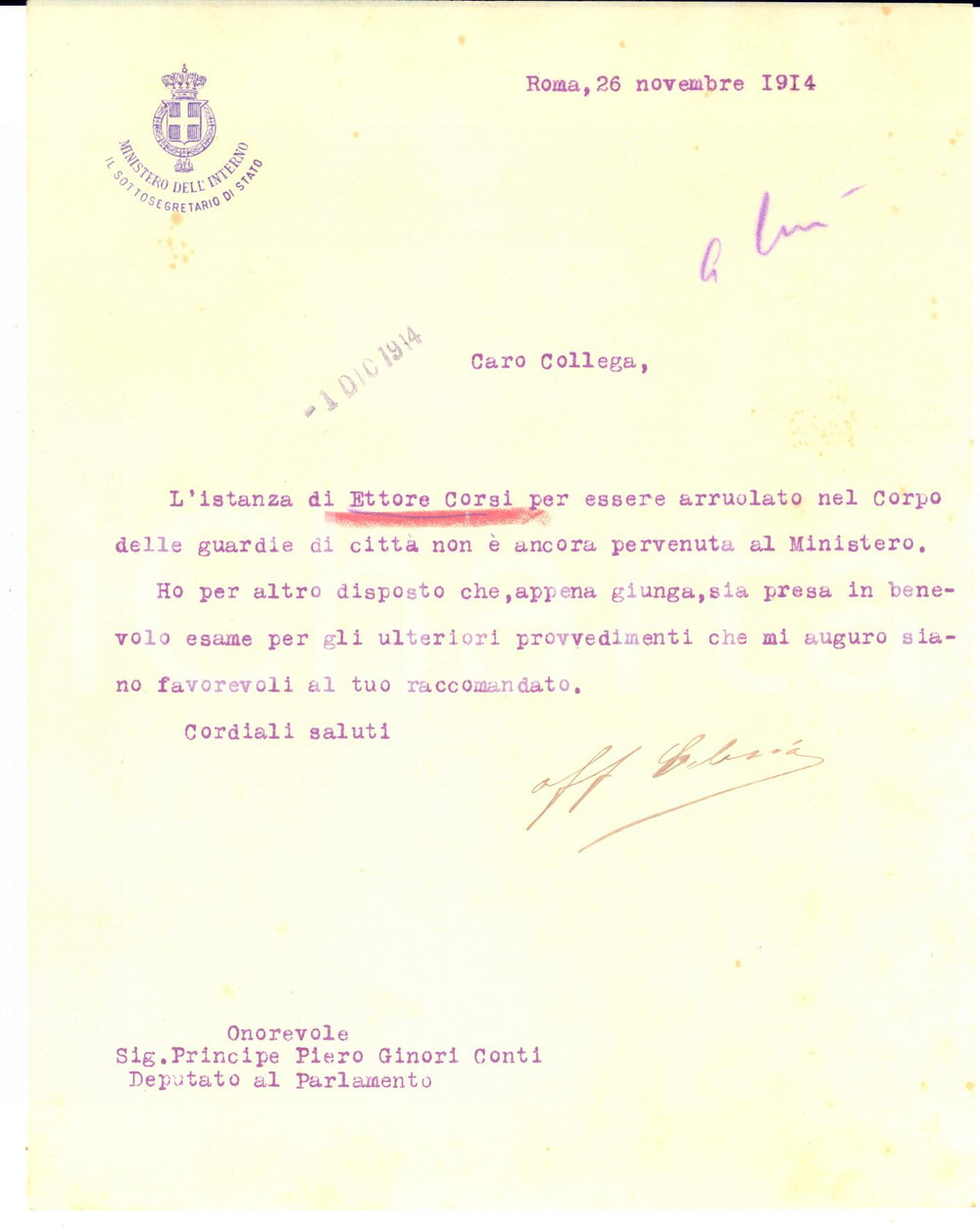1914 ROMA Lettera Giovanni CELESIA DI VEGLIASCO per raccomandazione - AUTOGRAFO