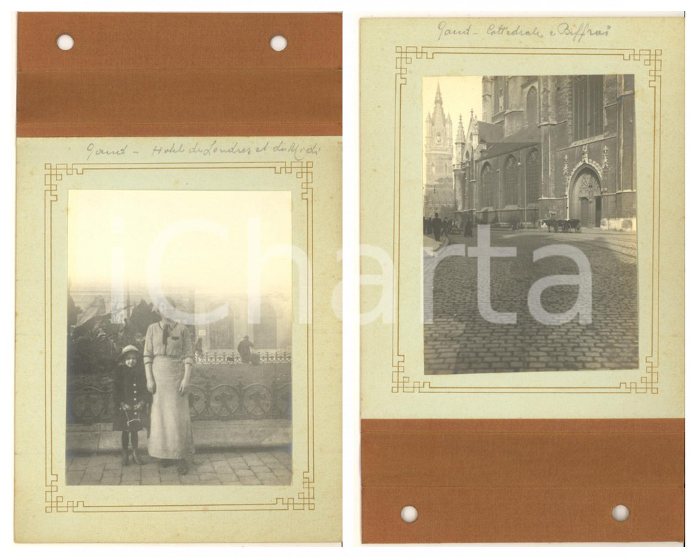1910 ca GAND Cattedrale e Beffroi - Madre e figlia all'Hotel de Londres *2 foto