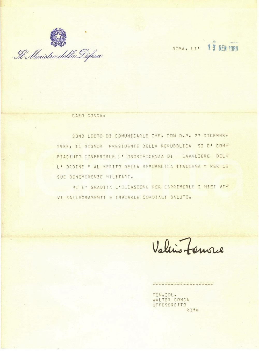 1989 ROMA Lettera ministro Valerio ZANONE per onorificenza - AUTOGRAFO