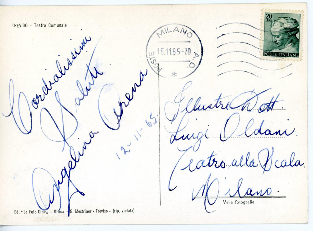 1965 MILANO LIRICA Soprano Angelina ARENA *Cartolina con AUTOGRAFO - FG