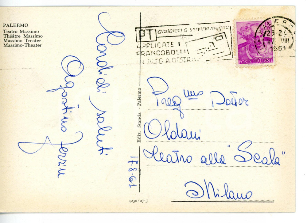 1961 PALERMO LIRICA Basso Agostino FERRIN *Cartolina con AUTOGRAFO - FG