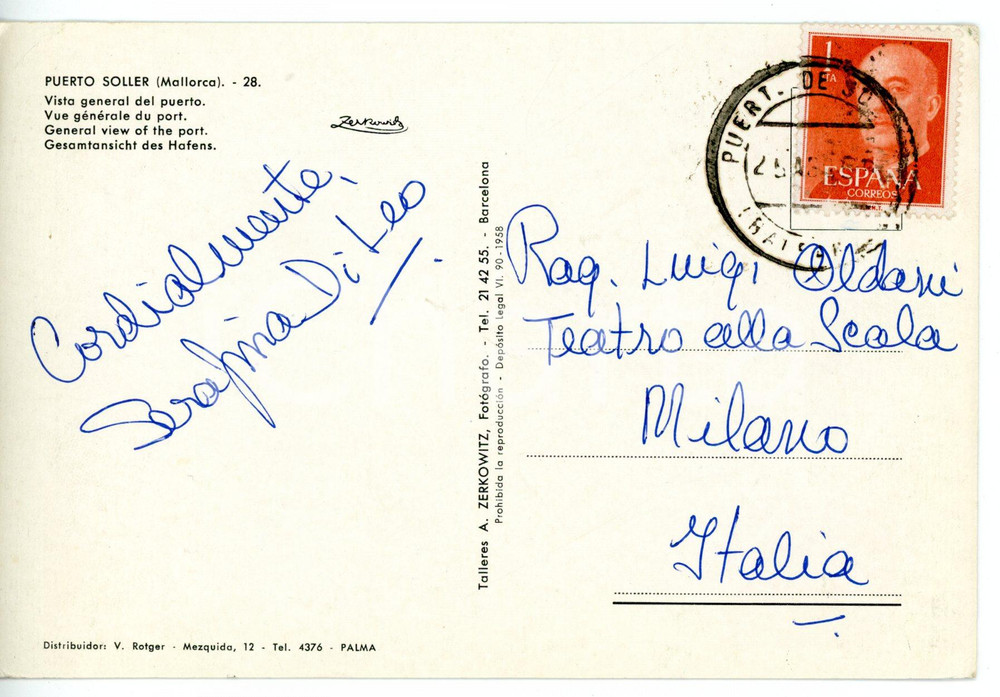 1960 ca PUERTO DE SOLLER - LIRICA Soprano Serafina DI LEO *Cartolina AUTOGRAFATA