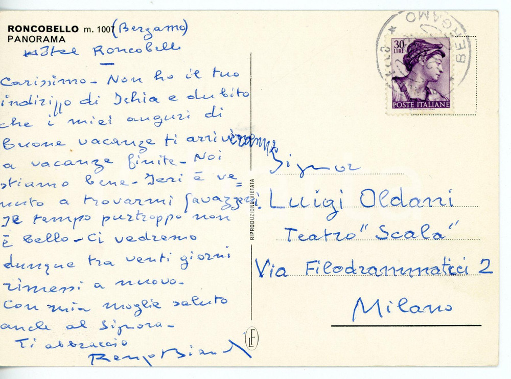 1965 RONCOBELLO - OPERA Compositore Renzo BIANCHI *Cartolina con AUTOGRAFO FG VG