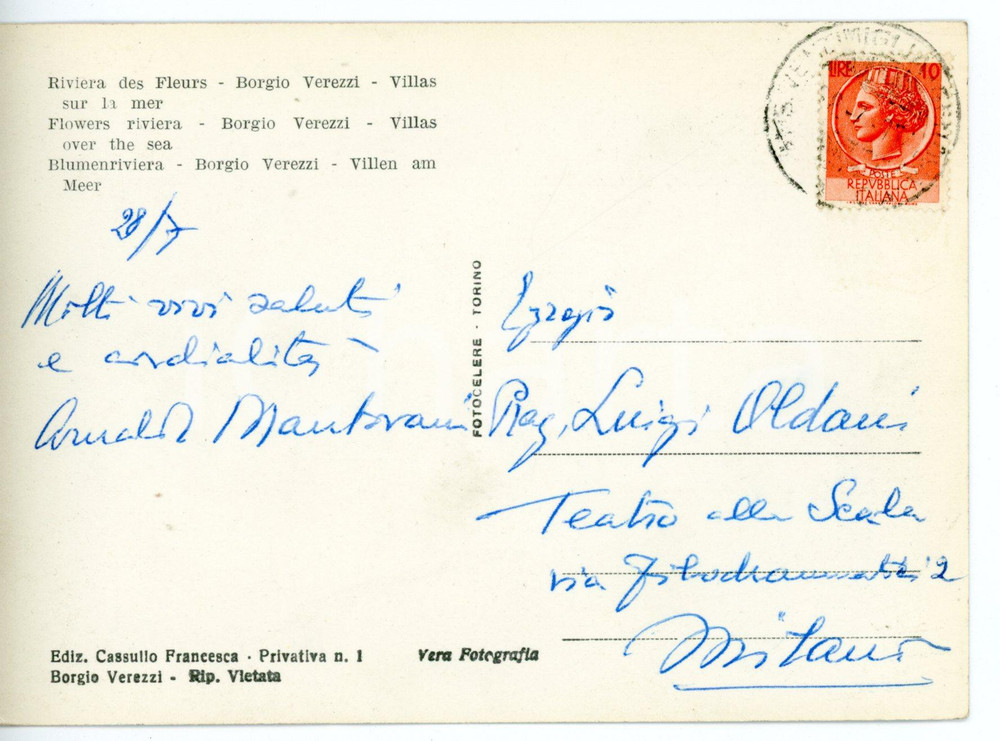 1960 ca BORGIO VEREZZI Direttore musicale Arnaldo MANTOVANI *Cartolina AUTOGRAFO