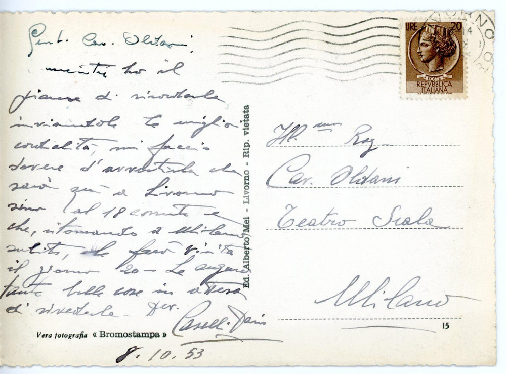 1953 LIVORNO - OPERA Musicista Dario CASELLI *Cartolina con AUTOGRAFO - FG VG