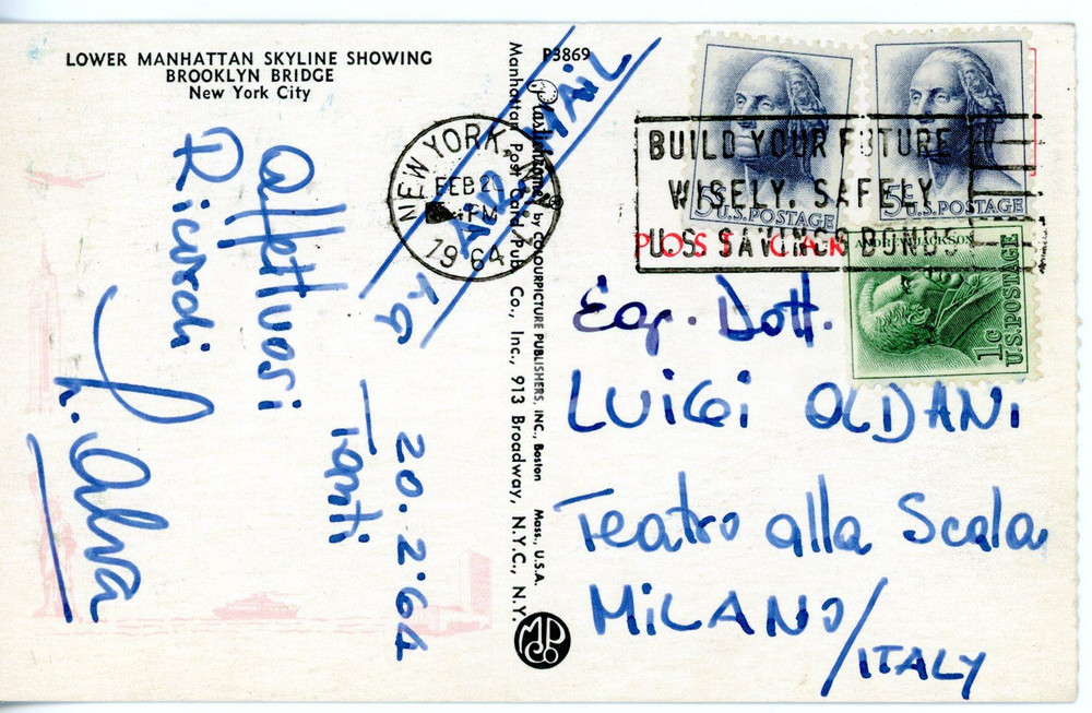 1964 NEW YORK LIRICA Tenore Luigi ALVA - Cartolina con AUTOGRAFO FP VG