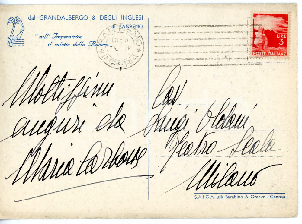 1945 ca SAN REMO - LIRICA Soprano Maria CARBONE *Cartolina con AUTOGRAFO FG VG