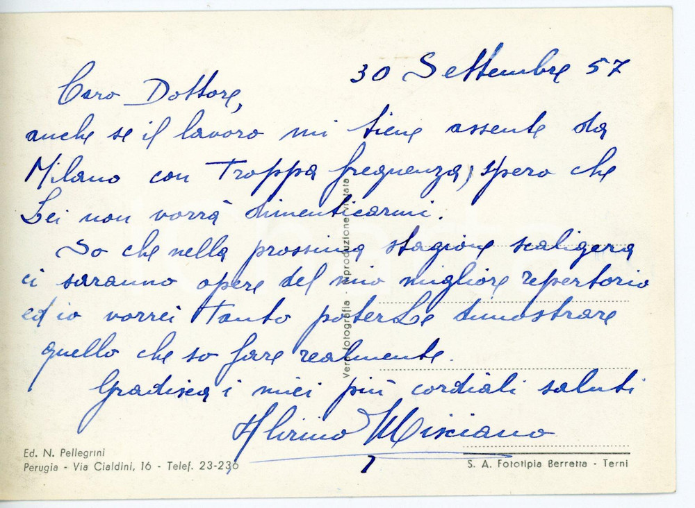 1957 PERUGIA Alvinio MISCIANO "Vorrei dimostrare quello che so fare" - AUTOGRAFO