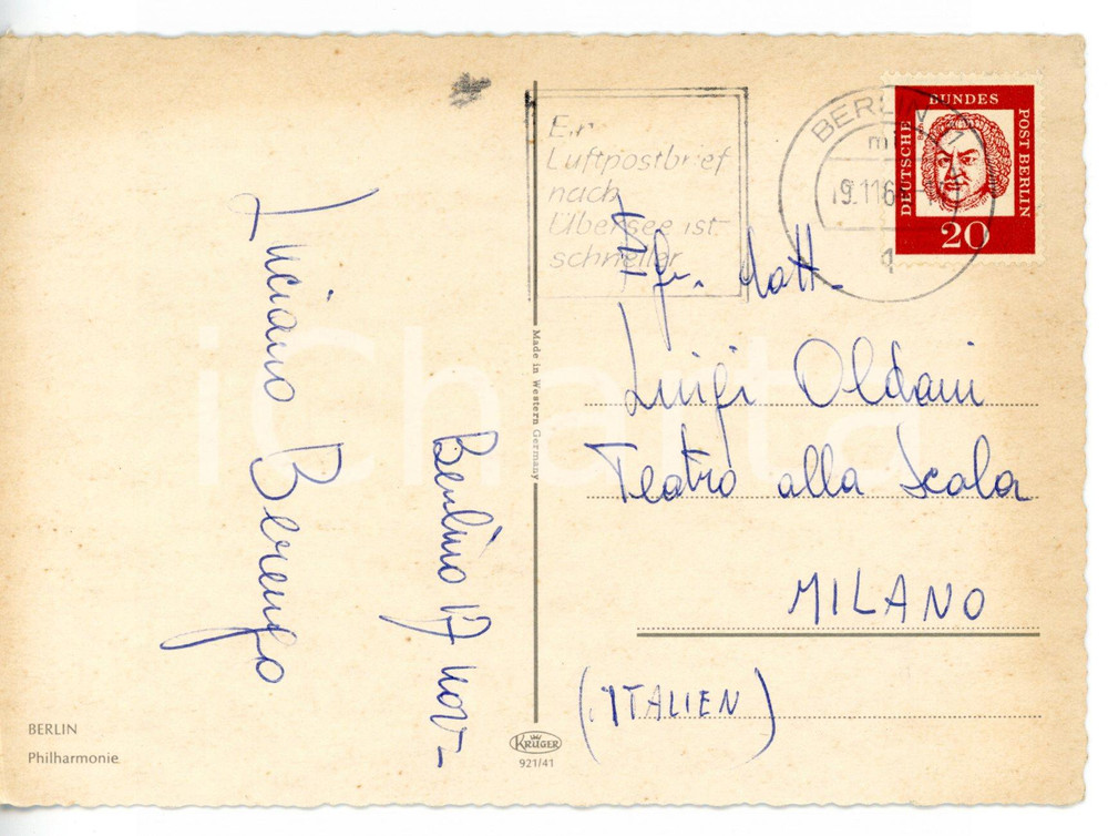 1964 BERLINO - TEATRO Maestro rammentatore Luciano BERENGO *Cartolina AUTOGRAFA